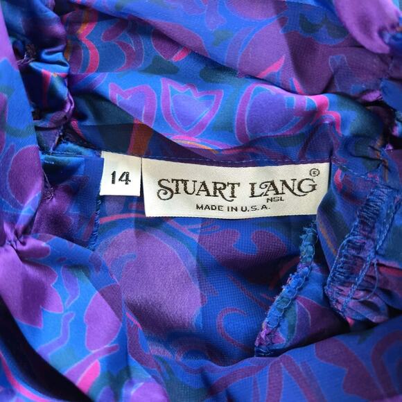 VTG Stuart Lang Blouse Sz 14 Purple Geo Print High Neck Long Sleeve Secretary - Picture 11 of 16